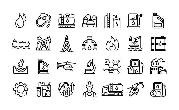 Oil industry line icon set. Group of object. Oil, gas, refinery, oil pump, oil tanker, oil barrel, oil source, drilling rig.