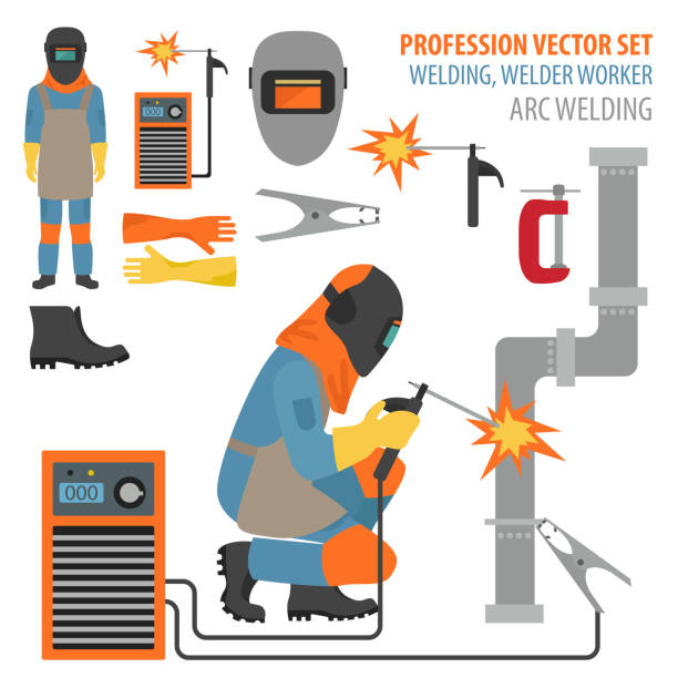 Profession and occupation set. Metal welding equipment, gas cutting flat design icon. Welder worker. Vector illustration