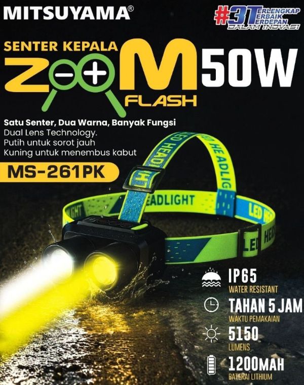 SENTER KEPALA HEAD LAMP Zoom 2 Cahaya Putih dan Kuning 4 Mode Cahaya 50W MITSUYAMA MS-261PK